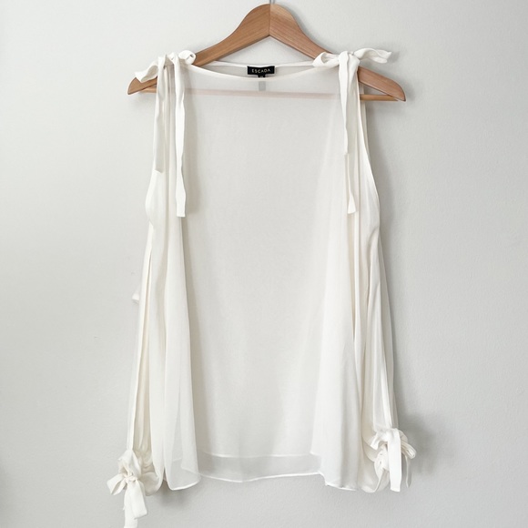 Escada Tops - Escada Sheer Off-White Silk Open Shoulder Balloon Sleeve Tie Top